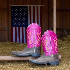 Old West Women Cowgirl Brown Stitched Pink Embroidered Leather Boots Western 7.5
